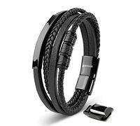 SERASAR | Bracelet en cuir pour hommes [Brave] avec noir en acier inoxydable | Couleur : Noir | Longueur : 23cm