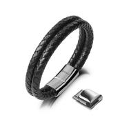 SERASAR - Bracelet en cuir pour homme [Double] en acier inoxydable | Couleur : Argent | Longueur : 23cm