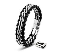 SERASAR | Bracelet en cuir pour hommes [Steel] avec double acier inoxydable et fermeture magnétique | Couleur : Argent | Longueur : 17cm