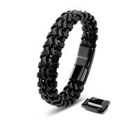 SERASAR | Bracelet en cuir pour hommes [Steel] avec double acier inoxydable et fermeture magnétique | Couleur : Noir | Longueur : 23cm