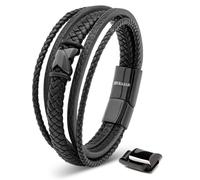SERASAR | Bracelet en cuir véritable pour hommes [Flake] avec boîte cadeau et fermoir en acier inoxydable | Couleur : Noir | Longueur : 23cm