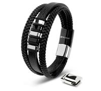 SERASAR Bracelet Cuir Homme, Cuir, en pour Homme Reglable Accessoires Cadeau Bijoux Anniversaire Noir/argent 20cm