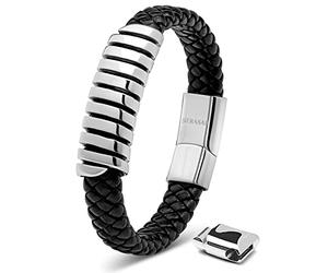 SERASAR Bracelet Homme Cuir Argent 20cm Cadeau Acier Inoxydable Véritable Multi Couple Les Hommes Chaîne Tressé Accessoire Jeune Garcon Bijou Jewelry Luxe Cadeaux Saint Valentin Large Classic