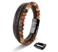 SERASAR Premium Bracelet en cuir véritable pour hommes [Stone] en brun | Perles en pierre naturelle | 20cm | Fermeture magnétique en acier inoxydable | Boîte à bijoux incluse