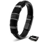 SERASAR | Bracelet premium en cuir véritable pour hommes [anneau] avec boîte cadeau et fermoir en acier inoxydable | Couleur : noir | Longueur : 20cm