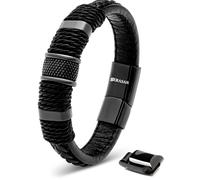 SERASAR | Bracelet premium en cuir véritable pour hommes [anneau] avec boîte cadeau et fermoir en acier inoxydable | Couleur : noir | Longueur : 20cm