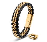 SERASAR | bracelet en cuir pour hommes [Steel] avec double acier inoxydable et fermeture magnétique | couleur : or | longueur : 17cm