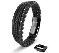 SERASAR Bracelets pour Hommes Cuir Noir Bracelet en Chaîne de Bras Tressé Onyx Pierre Lave Leather