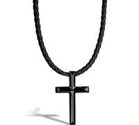 SERASAR Collier en Cuir avec Croix pour Homme, Noir Chrétienne Pendentif Acier Inoxydable Homme 60cm, Cadeau Petit Ami, Mari