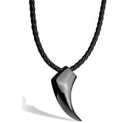 SERASAR Collier en Cuir Dent de Loup pour Homme Noir Pendentif Dents Acier Inoxydable 60cm Cadeau Petit Ami Mari