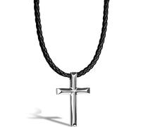 SERASAR Collier Cuir avec Croix pour Homme, Argent Chrétienne Pendentif en Acier Inoxydable Homme 50cm, Cadeau Petit Ami, Mari