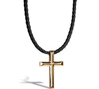 SERASAR Collier Cuir avec Croix pour Homme, Collier en Or Croix Chrétienne pour Hommes, Pendentif Croix en Acier Inoxydable pour Homme, Collier Croix pour Homme 60cm, Cadeau pour Petit Ami, Mari