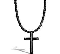 SERASAR Collier en Cuir avec Croix pour Homme, Noir Chrétienne Pendentif Acier Inoxydable Homme 60cm, Cadeau Petit Ami, Mari