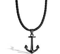 SERASAR Collier en Cuir d'Ancre pour Homme, Ancre Noir Pendentif Acier Inoxydable Homme 60cm, Cadeau d'Anniversaire Petit Ami, Mari