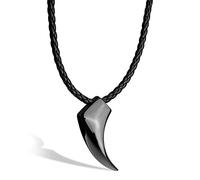 SERASAR Collier en Cuir Dent de Loup pour Homme Noir Pendentif Dents Acier Inoxydable 60cm Cadeau Petit Ami Mari