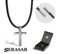 SERASAR Collier Cuir avec Croix pour Homme, Argent Chrétienne Pendentif en Acier Inoxydable Homme 50cm, Cadeau Petit Ami, Mari