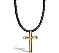 SERASAR Collier Cuir avec Croix pour Homme, en Or Chrétienne Hommes, Pendentif Acier Inoxydable Homme 50cm, Cadeau Petit Ami, Mari