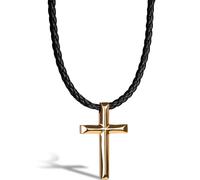 SERASAR | Collier en cuir véritable pour hommes [Cross] avec or en acier inoxydable | Couleur : Or | Longueur : 50cm