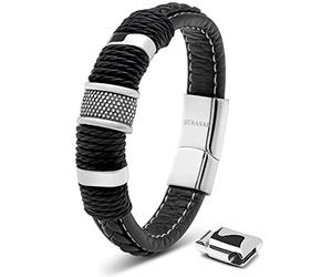 SERASAR Idee Cadeau Homme Bracelet Cuir Garcon 17cm Argent Acier Inoxydable Véritable Multi Tissé Réglable Les Hommes Chaîne Tressé Accessoire Jeune Jewelry Saint Valentin Large Classic