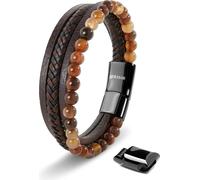 SERASAR Premium Bracelet en cuir véritable pour hommes [Stone] en brun | Perles en pierre naturelle | 20cm | Fermeture magnétique en acier inoxydable | Boîte à bijoux incluse