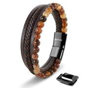 SERASAR Premium Bracelet en cuir véritable pour hommes [Stone] en brun | Perles en pierre naturelle | 23cm | Fermeture magnétique en acier inoxydable | Boîte à bijoux incluse