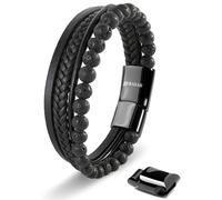 SERASAR Premium Bracelet en cuir véritable pour hommes [Stone] en noir | Perles en pierre naturelle | 17cm | Fermeture magnétique en acier inoxydable | Boîte à bijoux incluse