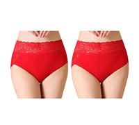 Serecofo Lot de 2 Culottes Femme en Coton en Dentelle Taille Haute Slips Lingerie Féminine Taille 36-52 sous-Vêtement Femme Shorty Elastique (36-38, 2 Rouge)