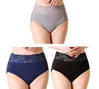 Serecofo Lot de 3 Culottes Slips Femme en Coton Taille Haute Couverture Totale sous-Vêtement Lingerie Féminine Shorty en Dentelles 36-52 Élastique (36-38, Noir, Gris, Bleu foncé)
