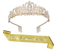 Serencatcher Décorations de fête d'anniversaire dorées, écharpe et diadème « It's My Golden Birthday » avec écharpe en satin à paillettes dorées et couronne en strass pour femmes et filles