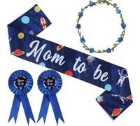Serencatcher Décorations de fête prénatale bleue, écharpe de maternité sur le thème de l'espace pour future maman, papa, couronne de fleurs, bandeau pour fête de révélation du sexe de la galaxie