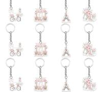 Serencatcher Lot de 12 porte-clés sur le thème de Paris - Imprimé double face - Rose - Vélo - Café - Tour Eiffel - Seau à fleurs - Cadeaux d'invités pour décorations de fête à Paris