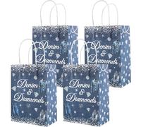 Serencatcher Lot de 16 sacs cadeaux en papier denim et diamants, 15 x 21 x 8,9 cm avec poignées pour anniversaire, enterrement de vie de jeune fille, fête prénatale