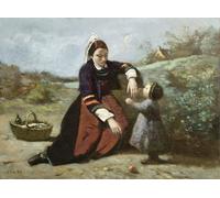 SERENDIPITP Peinture Poster Affiche Décorative Graffiti Art Mural Bretonne et sa petite fille de Jean Baptiste Camille Corot Peinture D'Art D'Affiche Pour les Décorations pour la Maison 60x90cm