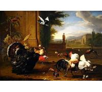 SERENDIPITP Peinture Poster Impression Tableaux Graffiti Art Mural un coq et un coq de dinde et d'autres oiseaux exotiques dans un parc par Melchior De Hondecoeter Pour la Décoration Murale 60x90cm