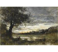 SERENDIPITP Portrait Tableaux Tableau Toile Affiches d'Art Souvenir du coucher de soleil de Normandie par Jean Baptiste Camille Corot Peinture Décorative sur Toile Pour la Décoration Murale 60x90cm