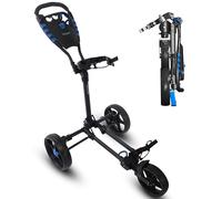 SereneLife 3-Wheel Collapsible Golf Push Cart - Flat Fold Design with Deluxe Scorecard Holder, Umbrella Holder, Adjustable Handle, Quick Brake, Smooth Ball Bearing Wheels, Compact Storage
