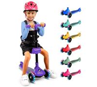 SereneLife 3 Wheel Foldable Kids Scooter - Foldable Seat, LED Wheel Lights, Adjustable Handlebar, Rear Foot Brake, Lean-to-Steer, Anti-Slip Deck, Ideal for Toddlers Kids 3+, up to 110Lbs (Purple)