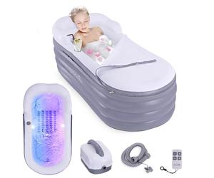 SereneLife Baignoire de Spa avec Tapis de Massage à Bulles, Baignoire Gonflable avec Coussin, Porte-Gobelet, Télécommande pour Éclairage LED, Dossier et Accoudoirs, Convient jusqu'à 86 kg