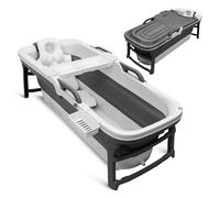 SereneLife Baignoire Pliable Adulte 152 cm, Baignoire Spa Portable avec Couvercle, LED, Douche Rechargeable, Coussin, Rouleaux de Massage et Vidange, jusqu'à 200 kg