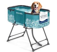 SereneLife Baignoire Pliable pour Chiens avec Hauteur Réglable, Accès à 360°, Tuyau de Drainage et Poches de Rangement - Station de Toilettage avec Capacité de 130 LB pour Utilisation Intérieure