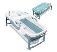 SereneLife Baignoire Portative Autoportante 59", Ensemble avec Coussin, Tuyau de Drainage Extensible, Rouleaux de Massage, Spray de Nettoyage et Sac de Rangement, Bleu