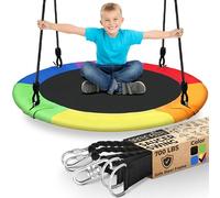 SereneLife Balançoire Volante Ronde 100 cm avec Kit de Suspension et Pivot Central - Jeu Circulaire Suspendu pour Arbre avec Sangles, Cadre Métallique Rembourré, Siège en Tissu Polyester