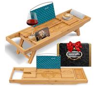 SereneLife Bamboo Bathtub Caddy with Adjustable Length, Non-Slip Handles, Integrated Device Holder and Wine Glass Slot - Expandable Design for Comfortable Bathing