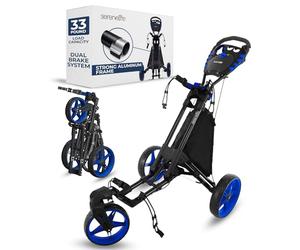 SereneLife Chariot de Golf à 3 Roues - Chariot de Marche Pliable léger avec Frein à Pied/poignée, Support supérieur/inférieur avec Sangle élastique, Support de Rangement pour Carte de Score/Tasse/Sac