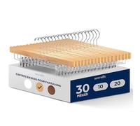 Serenelife Cintres en Bois avec Pinces - Cintres pour Pantalons, Jupes, Jeans, Uniformes - Crochets Pivotants 360°, Pinces Réglables, Finition Bois Naturel, Lot de 30