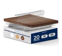 SereneLife Cintres en bois pour pantalons, Pack de 20 perches avec clips ajustables et crochet pivotant antirouille, Organisateur de pantalons gain de place pour placard, Idéal pour jeans, pantalons,