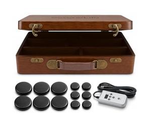 SereneLife Coffret Chauffant pour Pierres de Massage - Ensemble Électrique Portable avec Chauffe-Pierres Spa et 12 Pierres de Massage Noires Grandes/Petites avec Boîte Chauffante en Bambou