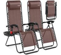 SereneLife Ensemble de 2 Chaises Pliantes - Chaise Longue Réglable pour Extérieur avec Table Latérale, Porte-Gobelets, Oreillers Amovibles - Patio, Jardin, Plage - Marron