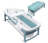 SereneLife Baignoire Portative Autoportante 59", Ensemble avec Coussin, Tuyau de Drainage Extensible, Rouleaux de Massage, Spray de Nettoyage et Sac de Rangement, Bleu