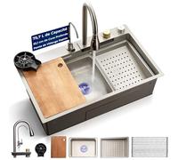 SereneLife Evier Cuisine 1 bac Inox 75 x 46 x 22cm - Evier Cuisine Multifonction avec Égouttoir - Lavabo Cuisine avec Cuve Profonde, Robinet et Lave-Tasses Intégrés, Planche à Découper, Design Moderne